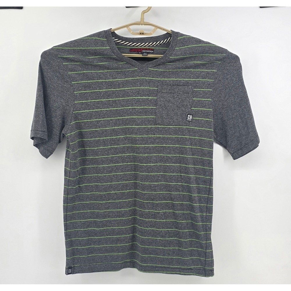 Distortion Mens XL T-Shirt Gray Green Striped V-Neck Pocket Tee Short Sleeve
